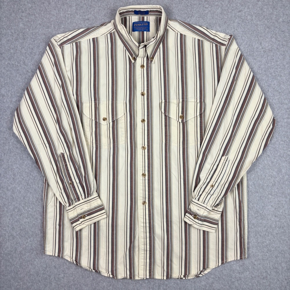 Pendleton Shirt Mens Large Button Down Cotton Long Sleeve Striped Cream Vintage